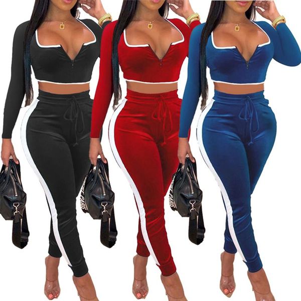 

women's tracksuits womens 2 piece suit suede set deep v-neck long sleeve stretch pants fashion sportswear, Gray