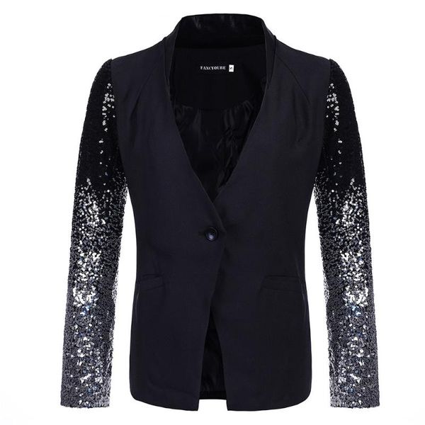 

none women clothing 2020 winter coat regular formal polyester women coat full sequins splice suit collar button standard blazer, White;black