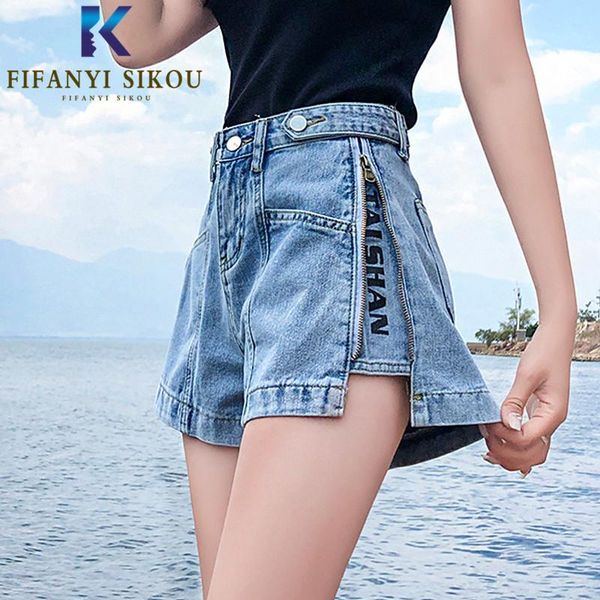 

2021 summer women high waist denim shorts pocket zipper fashion jeans shorts female loose plus size wide leg short pants jeans, White;black