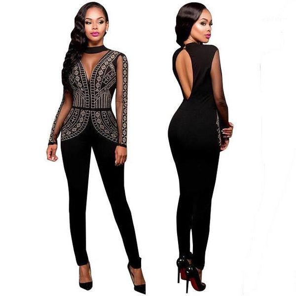 

women's jumpsuits & rompers wholesale- see through women fashionable ladies rhinestone black bodysuits plus size club wear skinny long, Black;white