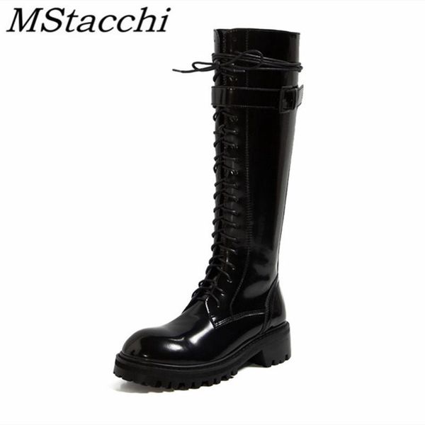 

mstacchi women rider boots solid color round toe cross-tied side zipper cow leather fashion cool female shoes botas planas mujer, Black