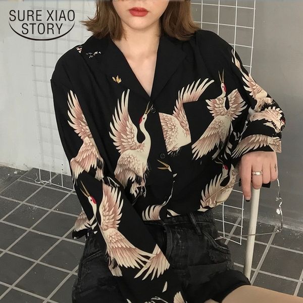 

fashion women blouses shirts long sleeve chiffon autumn harajuku vintage chic crane printed geometric loose femme 0845 30 201201, White