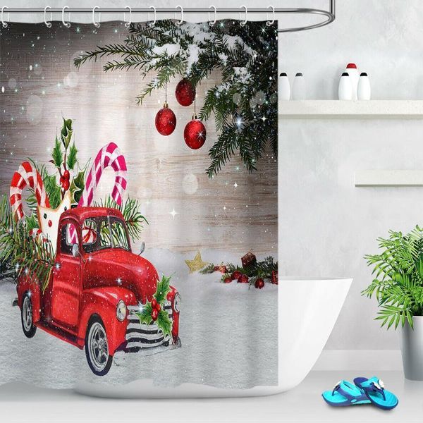

fabric shower curtain unique retro red christmas truck bathroom decor hooks1