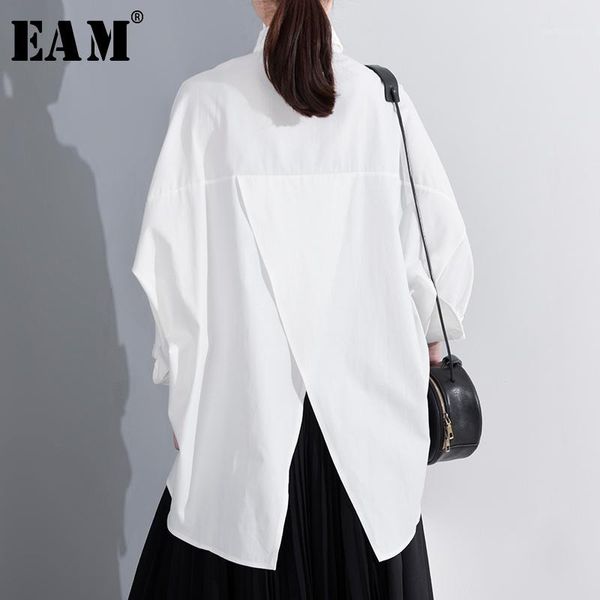 

eam] women white irregular hem big size blouse new lapel long sleeve loose fit shirt fashion tide spring summer 2020 js921001