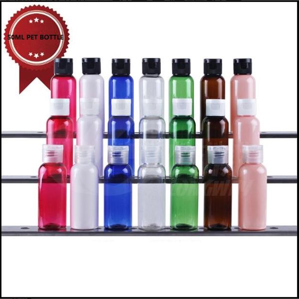 Bottiglia di plastica da 50 ml in pochi colori con coperchio ribaltabile trasparente/nero/bianco per l'imballaggio di acqua/wc/toner/lozione/emulsione/shampoo