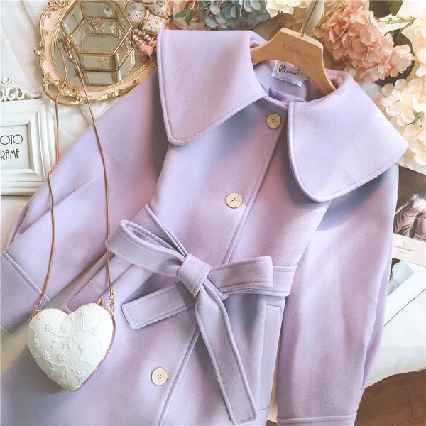 

woolen cloth coat women french vintage sweet doll collar bowknot belt gentle purple mid-length coat girl overcoat student 1, Black
