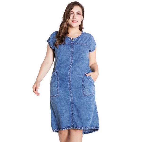

2019 summer ladies plus size denim dress for women clothes round neck pockets large size party dress, Black;gray