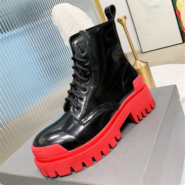 

warm 2021 new ankle thick soles woman platform shoes lace-up short genuine leather riding boots 5wll, Black