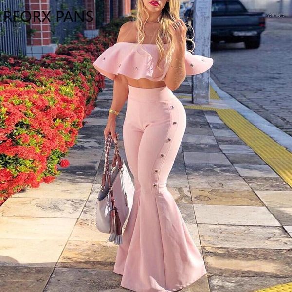 

off shoulder ruffles & bell-bottom pant sets1, White