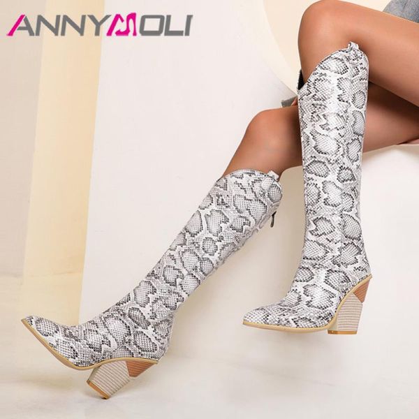 

annymoli snake print extreme high heel woman boots block heel knee high boots pointed toe long zip ladies shoes white 46, Black