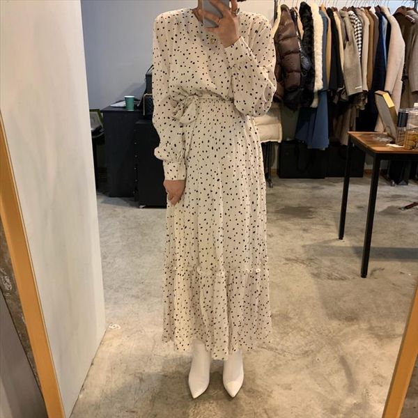 

women spring polka dot round collar high waist long dress long sleeve ruffle hem lacing dresses slim fit french style, Black;gray