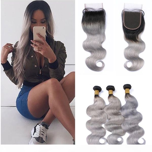 

silver grey ombre human hair weaves with lace closure two tone 1b grey ombre 4x4 lace closure with 3bundles body wave hair, Black;brown