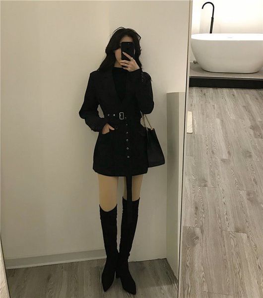 

2021 women black mini party office lady female one-piece dress korean designer sashes clothing ladies winter 28lq, Black;gray