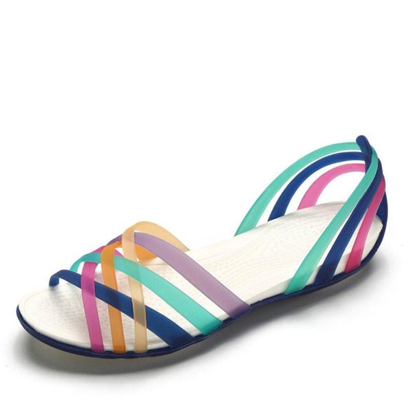 

women rainbow jelly sandals candy color peep toe female flat beach shoes slip on slides casual ladies summer footwear, Black