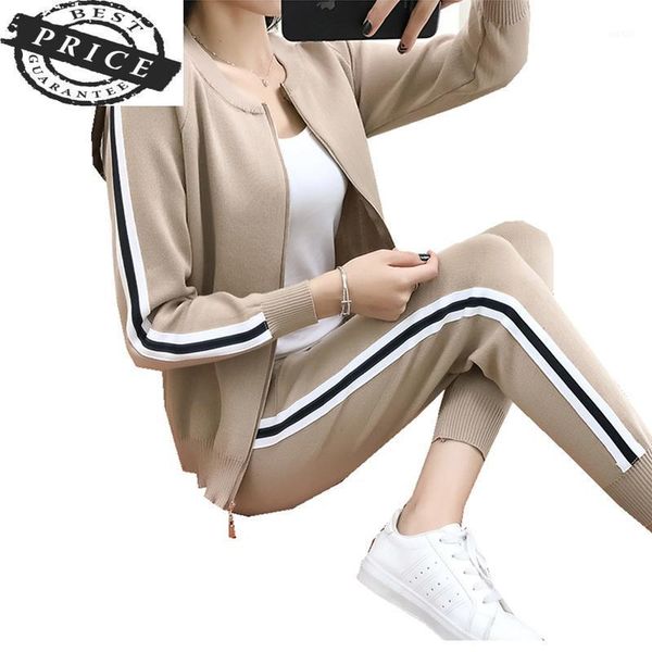 

women new autumn o-neck winter knitted striped casual sweatshirts pants female fashion two pieces sportwear sporting suit zx2801, Gray