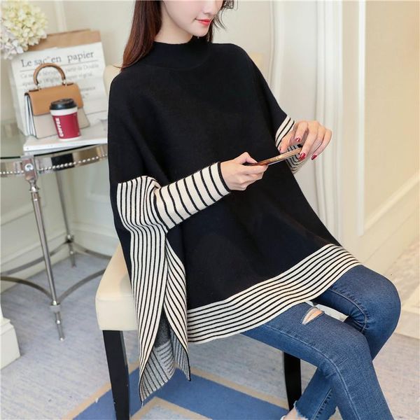 

ewq] 2021 spring autumn round striped collar long sleeve loose knitting stripeed vintage pullovers sweater women large size ak33803, White;black