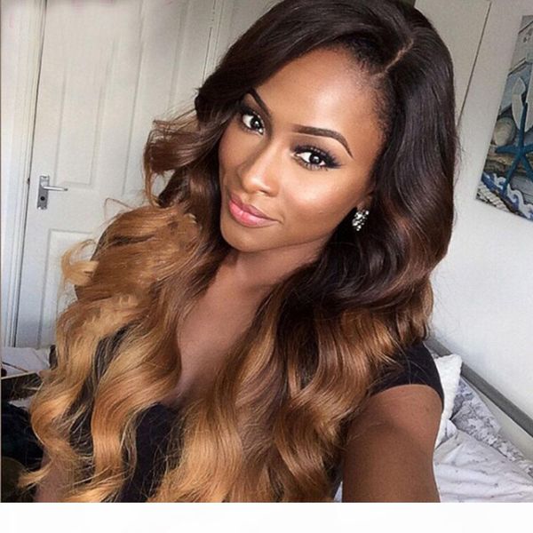 

ombre brown u part human hair wigs body wave brazilian remy hair right side part 1*4" two tone color for black women