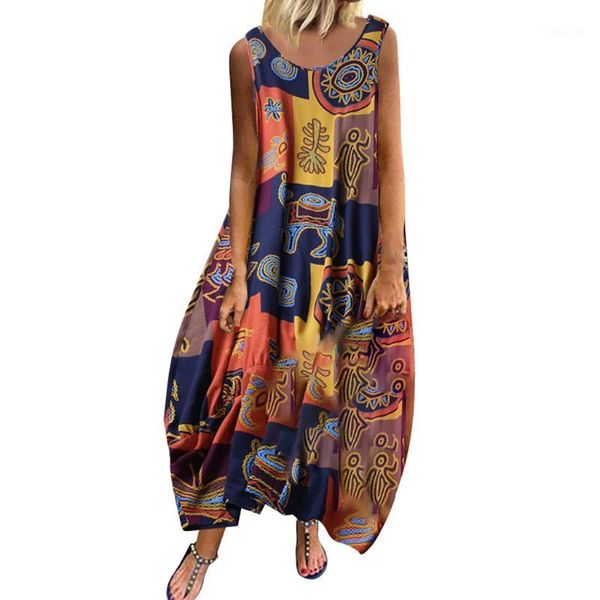 

women dress summer plus size women vintage bohemian print floral sleeveless o-neck straps maxi dress casual1, Black;gray
