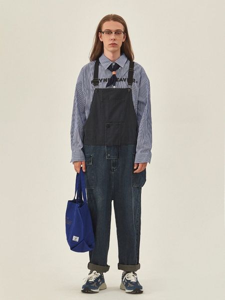 

extended sizes men color block flap pocket denim overalls 16zo#, Blue