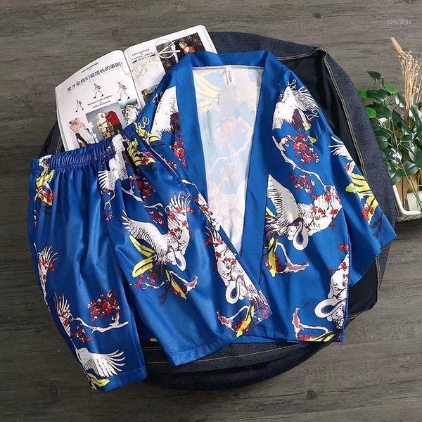

yukata men 2020 summer boho print kimonos shorts beach suit haori asian clothes shirt kimono cardigan men japanese pajamas mens1, Red