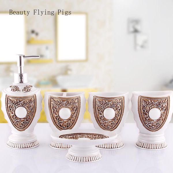 

bath accessory set 5pcs/set bathroom five-piece wedding high-end wash suit supplies kit creative couple mouth cup resin