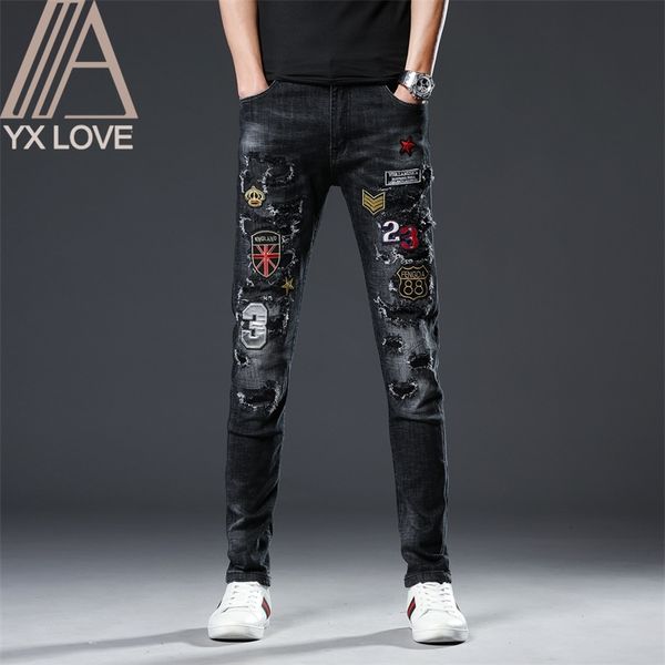 

embroidery black men jeans fantastic patterns quality brand slim elastic comfortable hiphop pants multiple styles trousers 201120, Blue