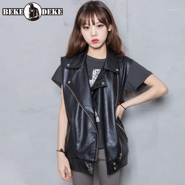

fashion motorcycle biker genuine leather vest women casual loose fit sheepskin waistcoat steetwear outwear sleeveless jacket1, Black;white