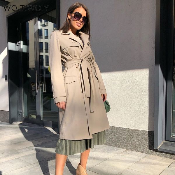 

wotwoy elegant double breasted long trench coat women high waist slim fit autumn winter jacket female sashes windbreaker 201030, Tan;black