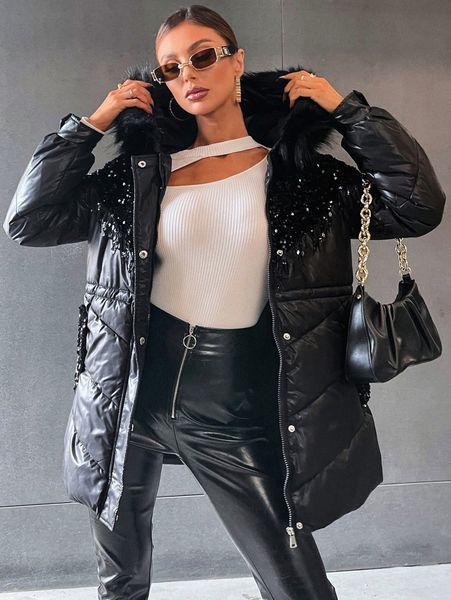 

contrast sequin fringe hooded parka coat m499#, Black