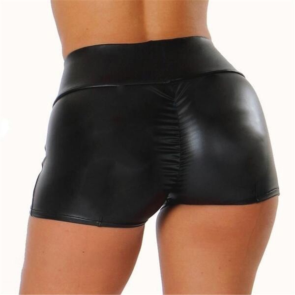 

women's shorts women elastic black sweatpants high waist wet look pu leather slim fit clubwear, White;black