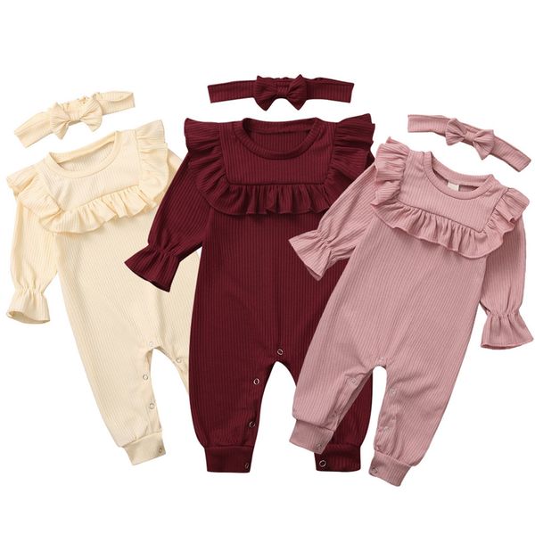 

newborn infant baby boys girls solid ruffle romper jumpsuit headband outfits set autumn baby kids clothes sets bodysuit outfits 1021, White