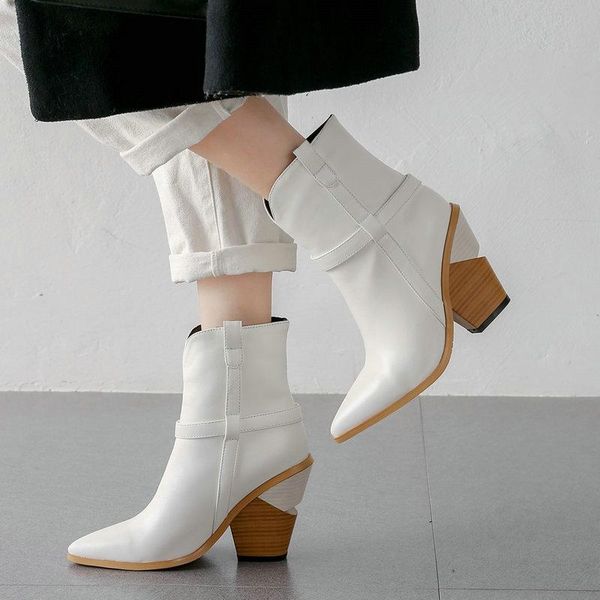 

pu leather women western boots fashion wedding pointed toe ankle boots slip on women lazy shoes black white