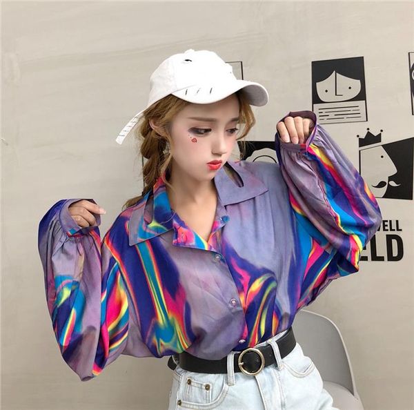 

женщины лето ветровка violet contrast tie dye печати вс блуза streetwear harajuku top свободные рубашки корейский vintage blusas punk, White