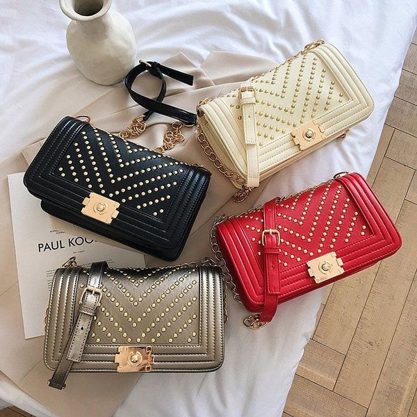 

luxury designer bag women rivet shoulder bag lady metal chains leather messenger handbag tote champagne female small square bags
