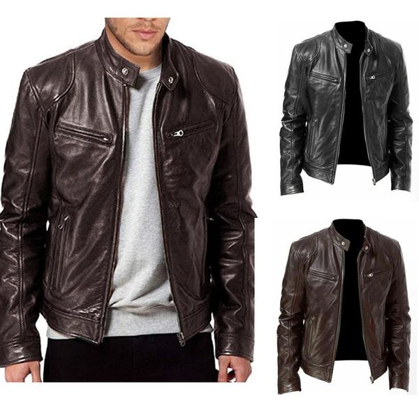 

2021 autumn new men's casual fashion stand collar slim pu leather jacket solid color leather jacket men anti-wind motorcycle, Black