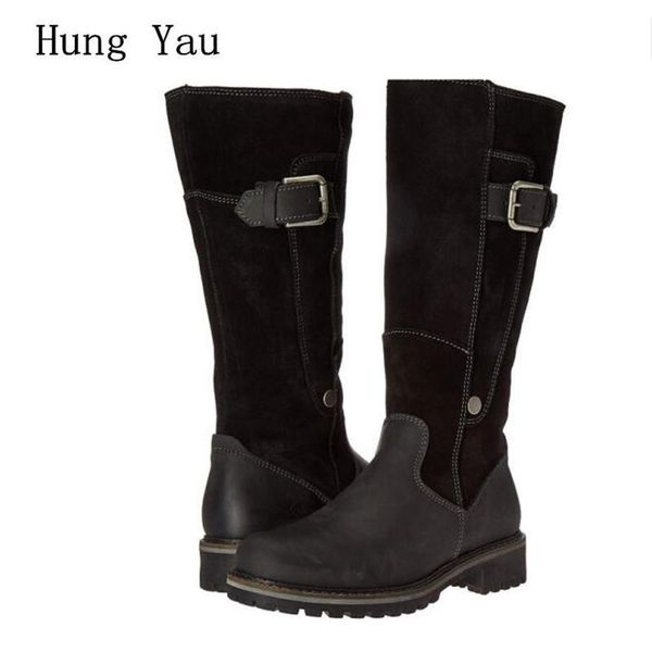 

boots women snow mid-calf 2021 winter female casual shoes high heels fashion buckle comfortable platform plus size 35-43, Black