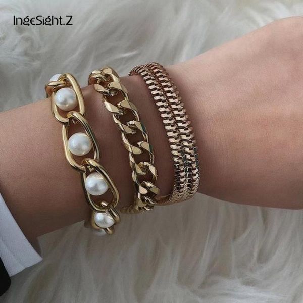

new 3pcs/lot punk miami curb cuban thick bracelet bangle chunky heavy metal imitation pearl bracelet wrist chain jewelry gifts, Black