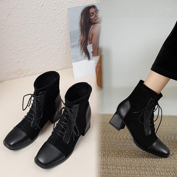 

boots yqbtdl winter short plush inside black stretch faux suede womens ankle cross tied block high heels biker sock boots1