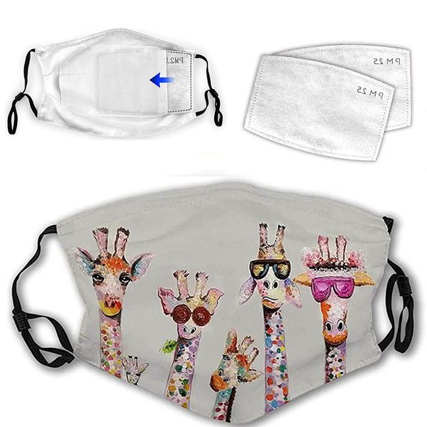 

washable printing masks giraffe men/women fashion face breathable reusable 1pc mask with 2pc filter masquerade mascarillas
