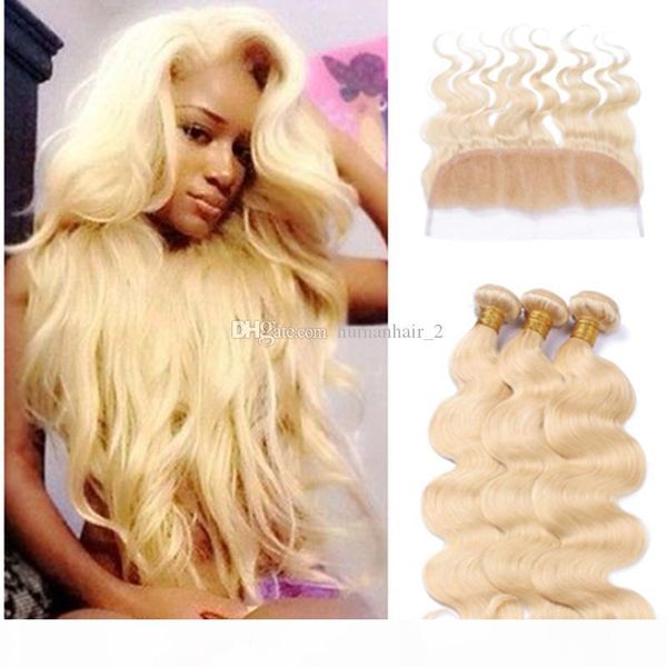 

613 blonde human hair and lace frontal 13*4 human hair body wave 3pcs bundles with 1pc ear to ear full lace frontals, Black;brown