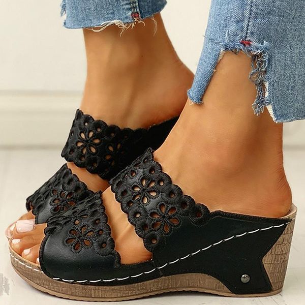 

hollow out pu women sandals platform wedges mid heel solid retro female casual ladies shoes muffin bottom zapatos de mujer, Black