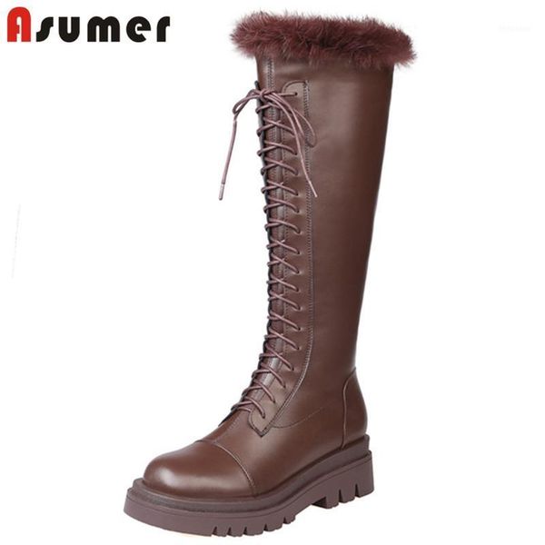 

boots asumer 2021 fashion winter riding women thick bottom casual shoes round toe cross tied cool knee high women1, Black
