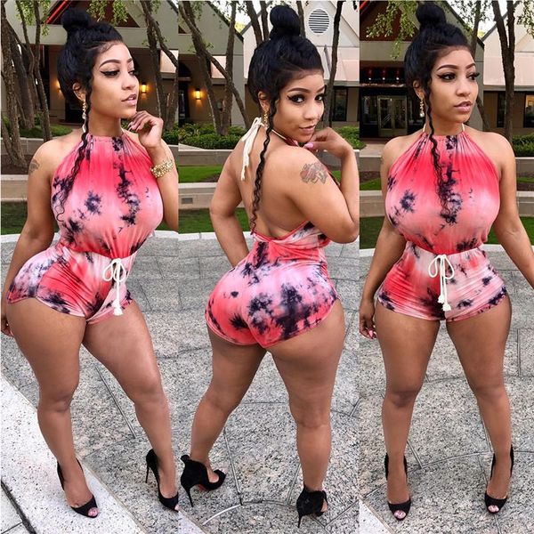

backless halter lace-up jumpsuit rompers playsuits women off shoulder tie-dye print bodysuit trousers high waist shorts, Black;white