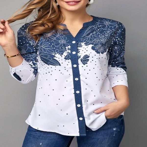 

women shirt blouse new style v-neck print 5xl embroidery long sleeve patchwork shirt plus size feminino, White