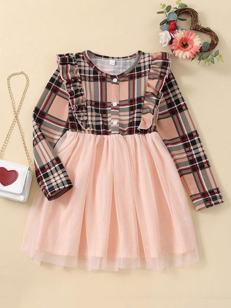 

girls tartan ruffle trim mesh overlay dress she, Red;yellow