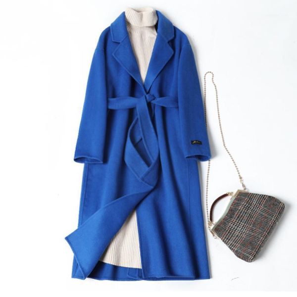 

women 2020 autumn winter new 100% cashmere wool coat female solid sashes long jacket ladies fashion elegant woolen outwear t1491, Black