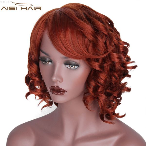 

new brown red black short synthetic wavy wigs with bangs for white women high temperature fiber hair