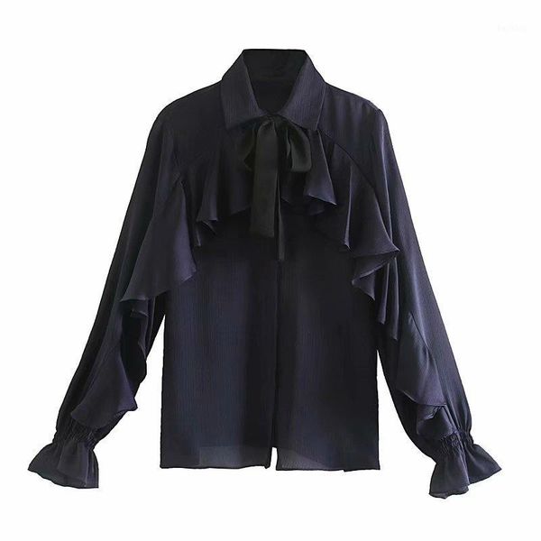 

2020 new spring women blouse cascading ruffles long sleeve work shirts office lady bow solid color business blouse ls61261, White