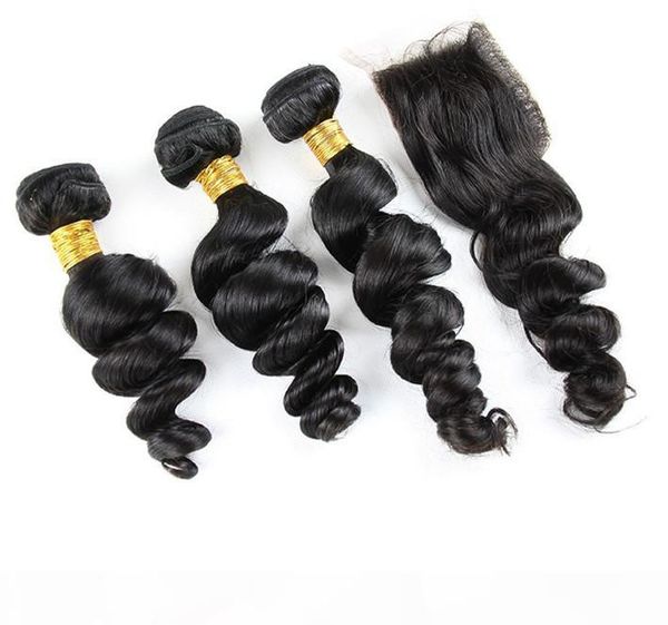 

loose wavy brazilian hair extensions with 4*4 closure parting 3pcs virgin hair with lace closure brazilian loose wave 4pcs lot, Black