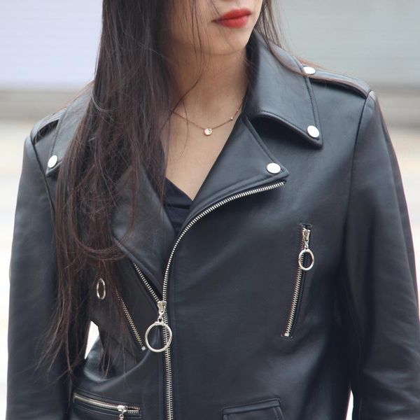 

pure leather jacket, leather leather, women's women's jacket, sheep jacket collar, motorcycle suit, Black